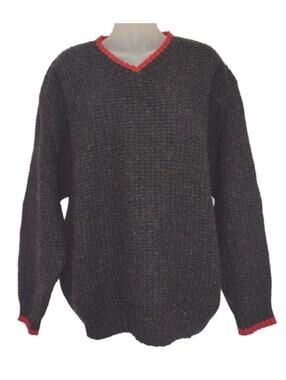 Madison Dry Goods Wool Blend Waffle Knit Sweater L USA Charcoal Red Trim